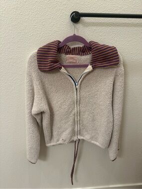 Urban Outfitters Cream Zip Sweater with Striped Purple Collar